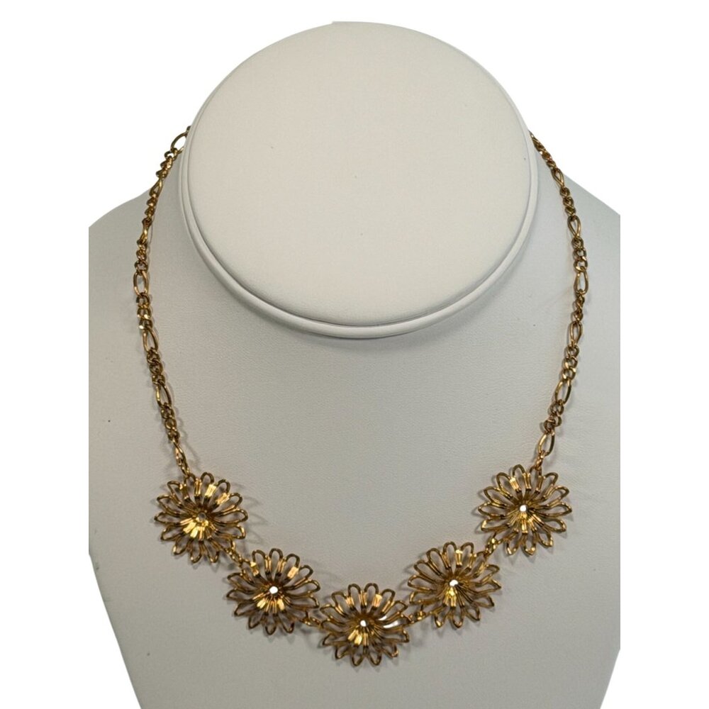 Vintage Gold Tone Sunburst SunFlower Necklace & Earring Set Filigree Statement - Picture 5 of 6